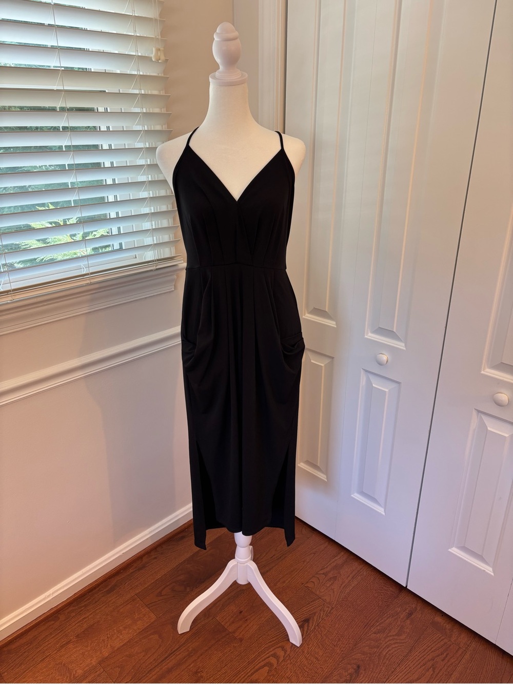 BCBGeneration Black Spaghetti-Strap V-Neck Midi Dress with Pockets